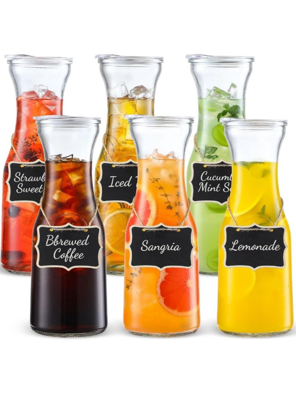 Set of 6 Clear Glass Carafes with Lids - Perfect for Brunch, Beverages & Iced